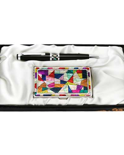 Mother-of-Pearl Ballpoint Pen & Business Card Case Set - Jogakbo Design
