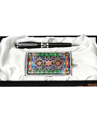 Mother-of-Pearl Ballpoint Pen and Business Card 2-Piece Set - Traditional Tile Dancheong