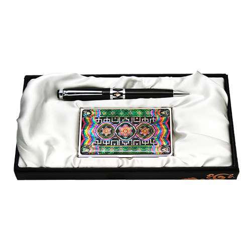 Mother-of-Pearl Ballpoint Pen and Business Card 2-Piece Set - Traditional Tile Dancheong