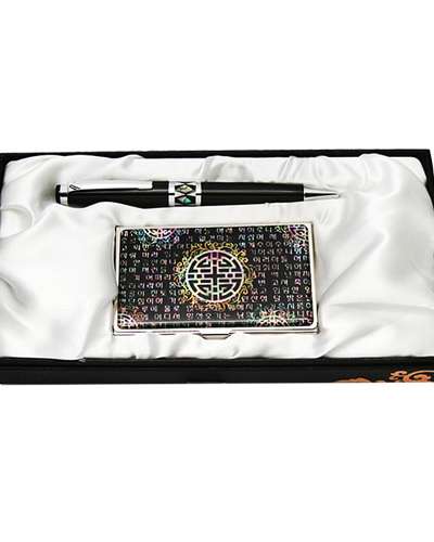 Mother-of-Pearl Ballpoint Pen and Business Card Set with Sijo Pattern
