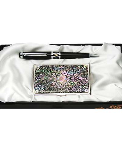 Mother-of-Pearl Ballpoint Pen and Business Card 2-Piece Set with Scrollwork Design