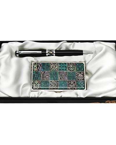 Mother-of-Pearl Ballpoint Pen & Business Card Set 2-Piece Lattice Calligraphy Design