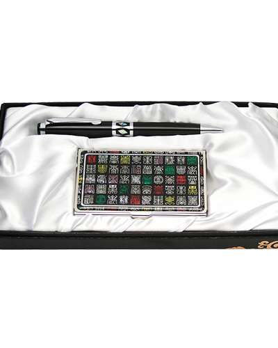 Natural Mother-of-Pearl Ballpoint Pen and Business Card Set with Chinese Character Design