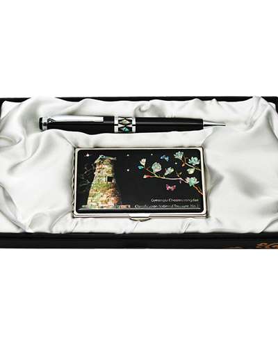 Mother-of-Pearl Ballpoint Pen and Business Card Set - Cheomseongdae