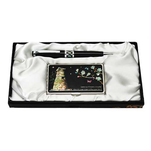 Mother-of-Pearl Ballpoint Pen and Business Card Set - Cheomseongdae