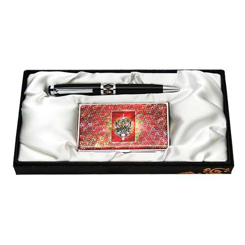 Mother-of-Pearl Ballpoint Pen and Business Card Set with Muryeong Crown Decoration