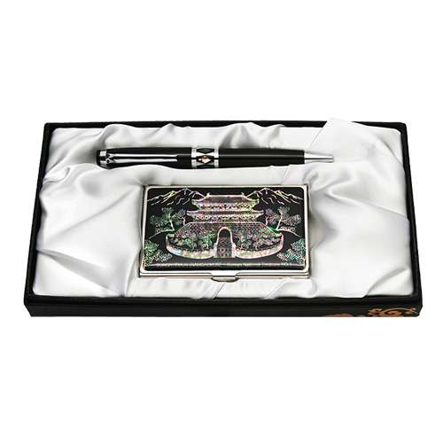 Mother-of-Pearl Ballpoint Pen and Business Card Case 2-Piece Set - Namdaemun