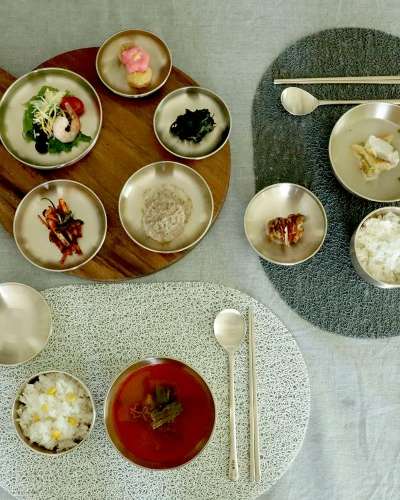 Myeongseong Bangja Brass Vessels 2-Person Bansang Dinner Set with Longevity Character Pattern - Engagement Gift