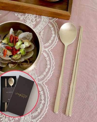 [Myeongseong Yugi] Straight-line Silver Spoon and Chopstick Set 1-piece (Case Included)