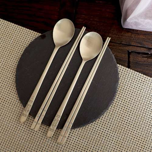 Myungseong Bangja Brass Turtle Patterned Spoon and Chopstick Set for 2 with Engraving
