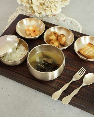 Myeongsung Bangja Brass Children's Dinnerware Set + Children's Spoon and Fork - First Birthday Gift
