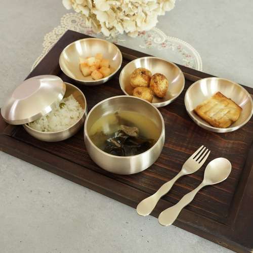 Myeongsung Bangja Brass Children's Dinnerware Set + Children's Spoon and Fork - First Birthday Gift