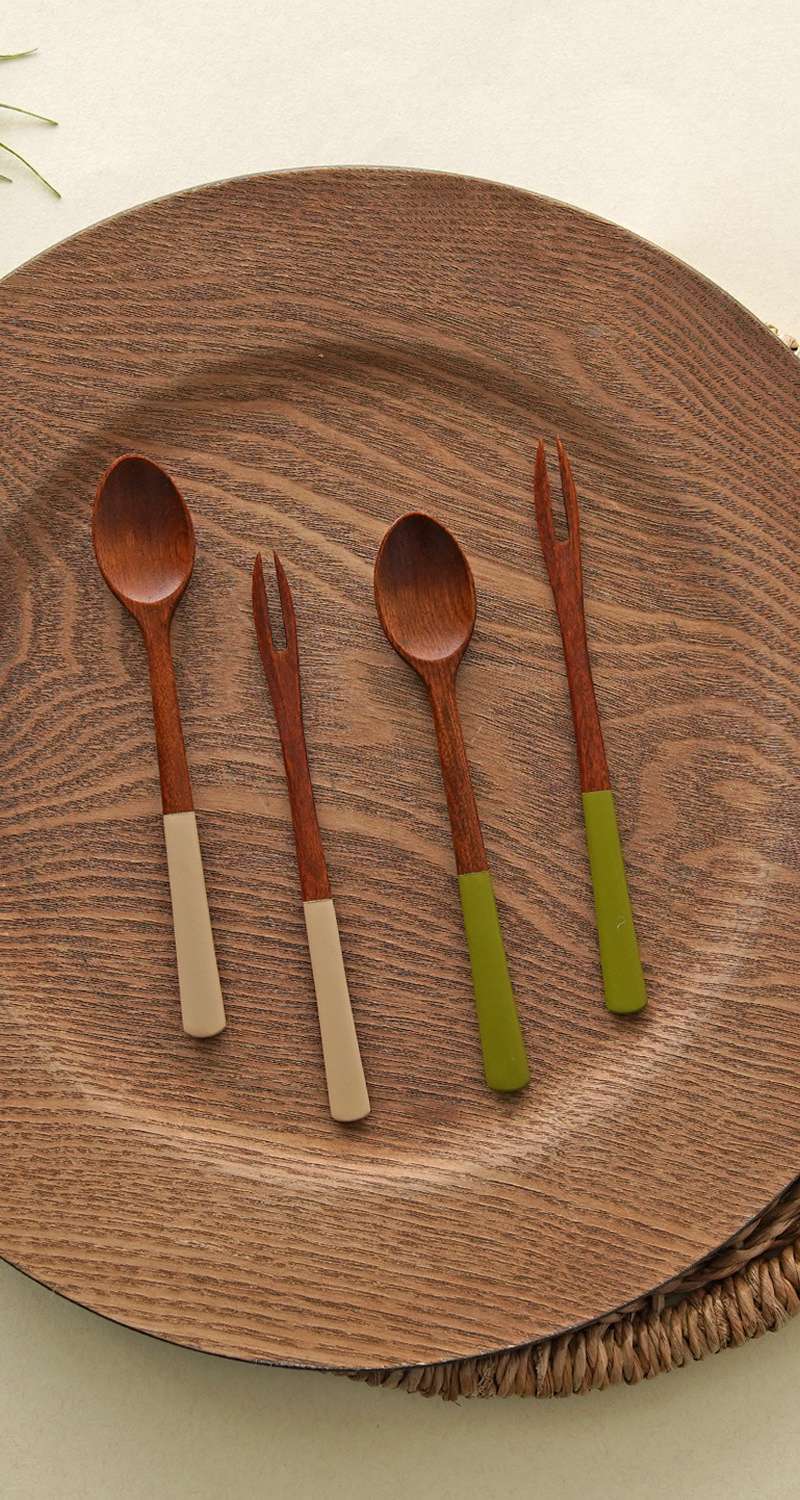 Nottdam Domestic-Made Color Lacquer Tea Spoon & Tea Fork 4P (Beige & Light Green)