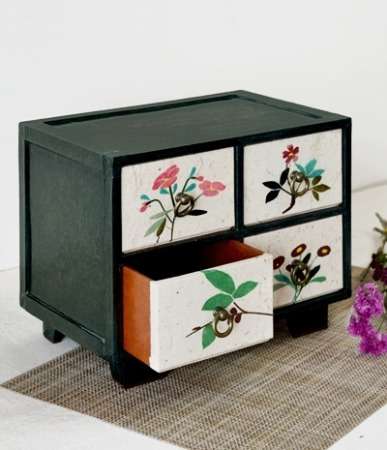 Hanji Flower Embroidery Mini Drawer Organizer (Green, 4 Drawers)