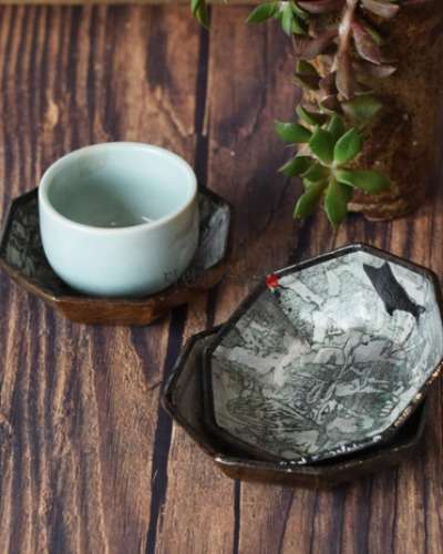 岩刻画 凹形 茶托