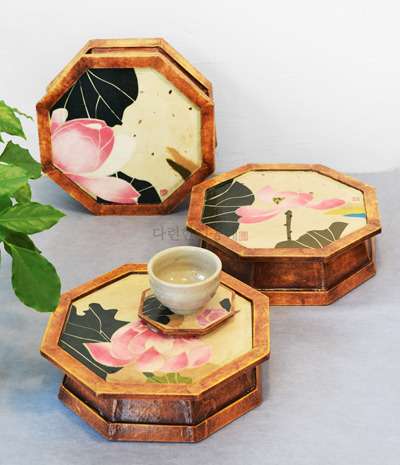 Korean Traditional Minhwa Lotus Octagonal Mini Table Tray