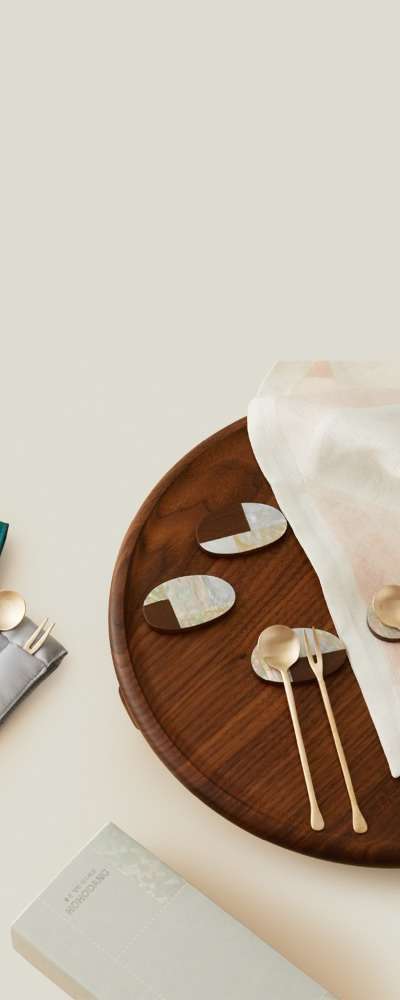 Jogakbo Tag - Jogakbo Afternoon Tea Set (Mother-of-Pearl Spoon Rest / Walnut Tea Table-Large / Brass Teaspoon & Fork with Two-Tone Quilted Utensil Pouch - Set for 2)