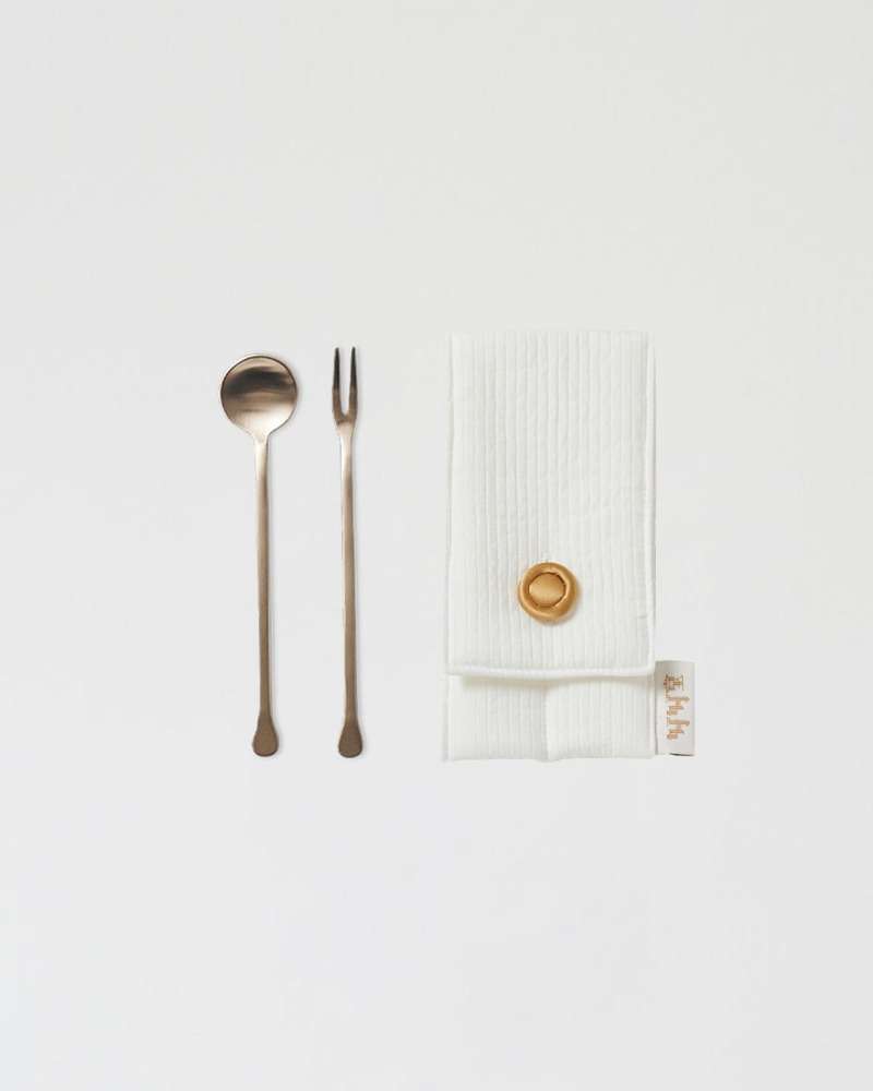 Ornamental Brass Tea Spoon and Fork Set with Quilted Utensil Pouch