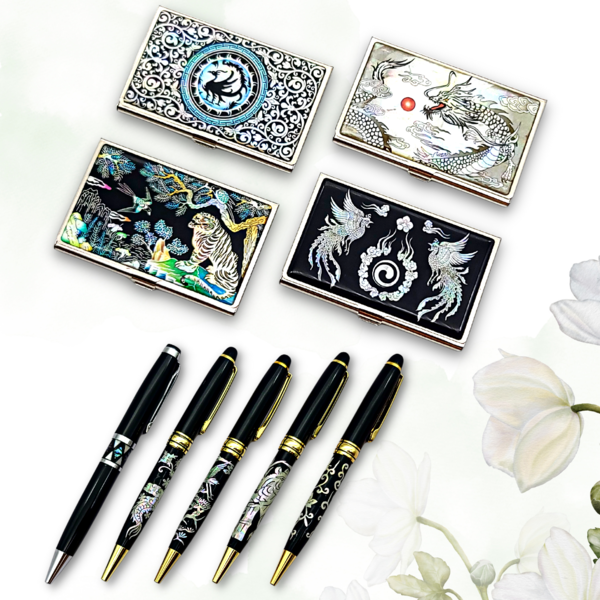 Mother-of-Pearl Lacquerware Business Card Case and Ballpoint Pen Set - Traditional Korean Commemorative Gift