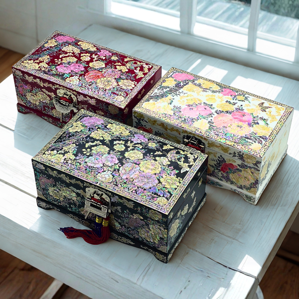 Mother-of-Pearl Lacquer Peony Jewelry Box 9-Sun 3-Tier Korean Traditional Crafts Foreign Gift