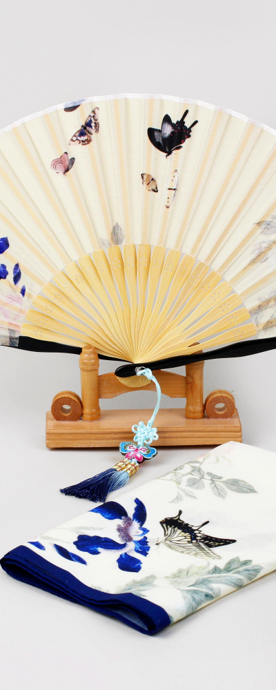 Butterfly and Flower Silk Fan and Handkerchief Set (Blue)