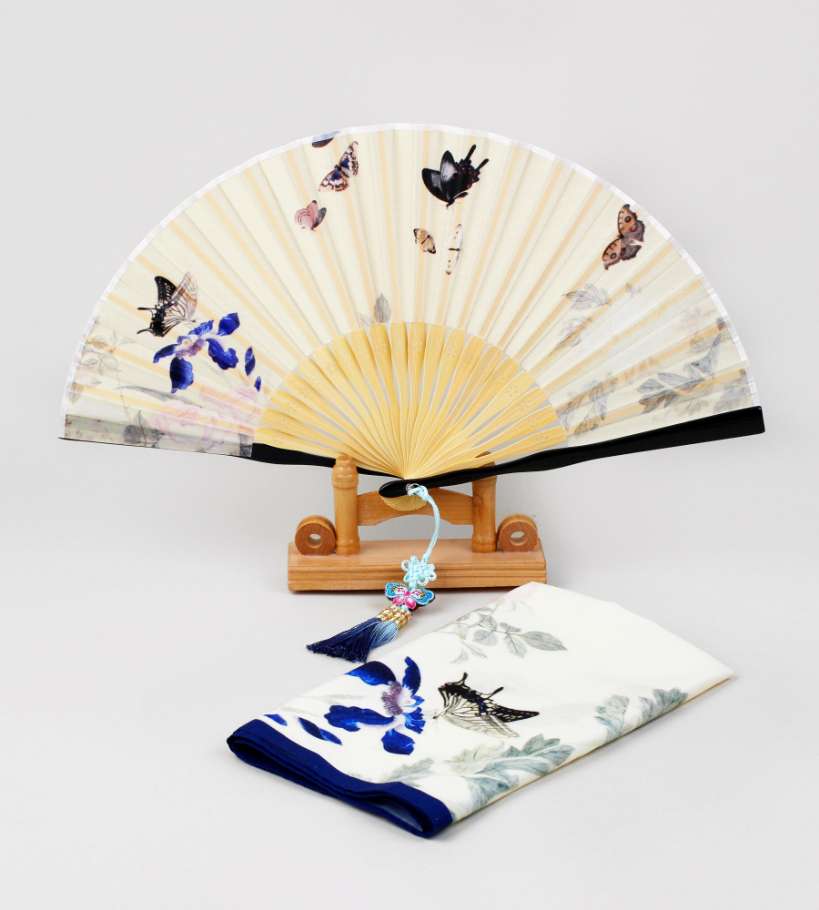 Butterfly and Flower Silk Fan and Handkerchief Set (Blue)