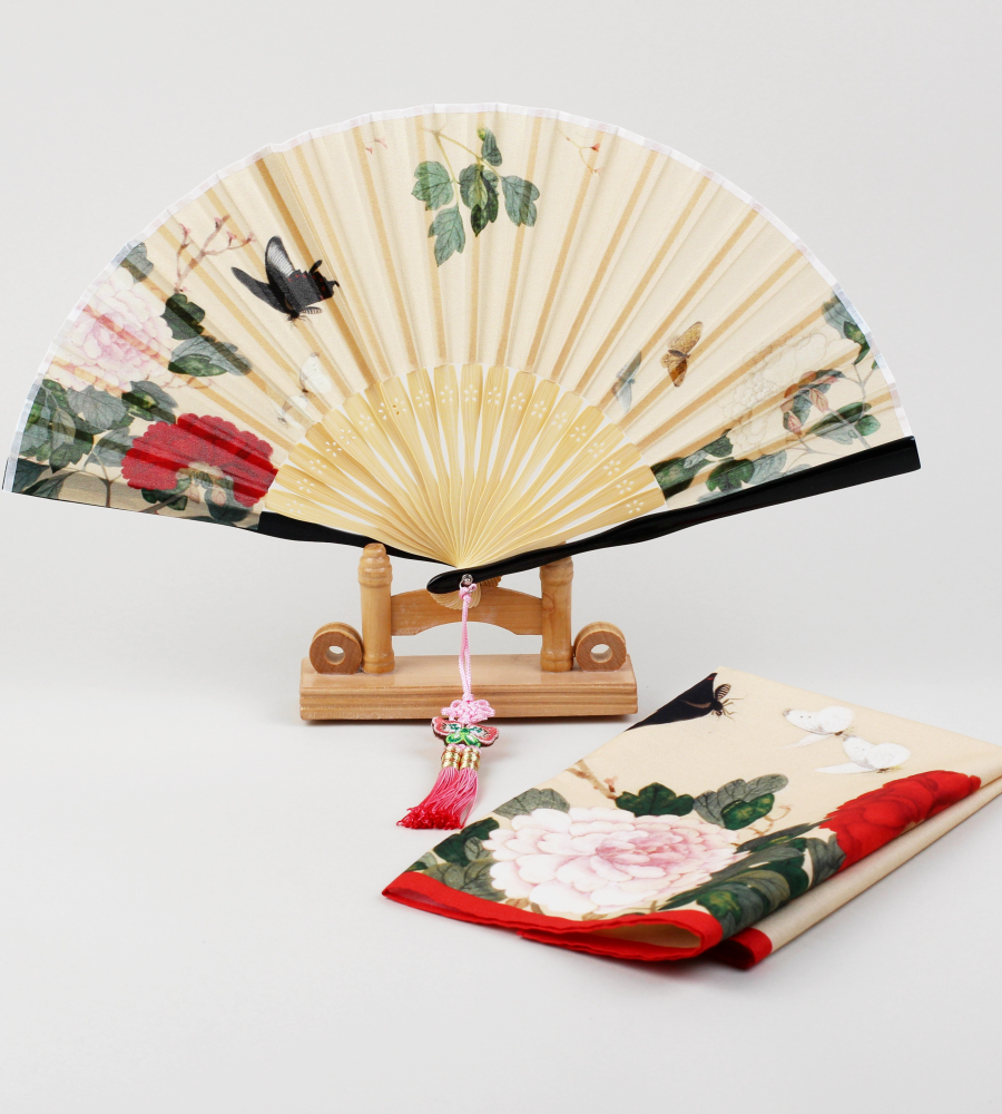 Butterfly and Flower Silk Fan and Handkerchief Set (Red)