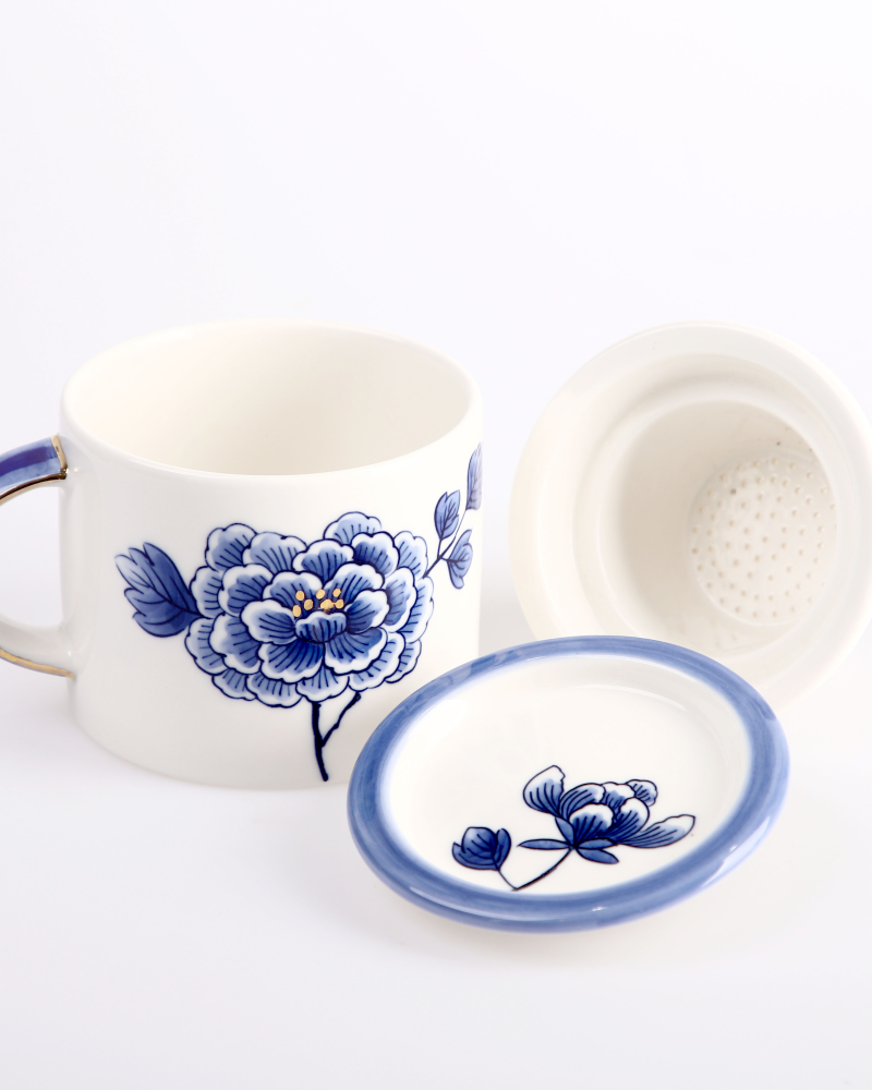 White Porcelain Blue-and-White Peony Pattern Single-Serve Tea Set