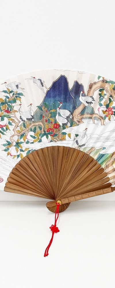 Traditional Korean Folk Painting Folding Fan - Crane and Peach Blossom (Hanji Paper Fan)