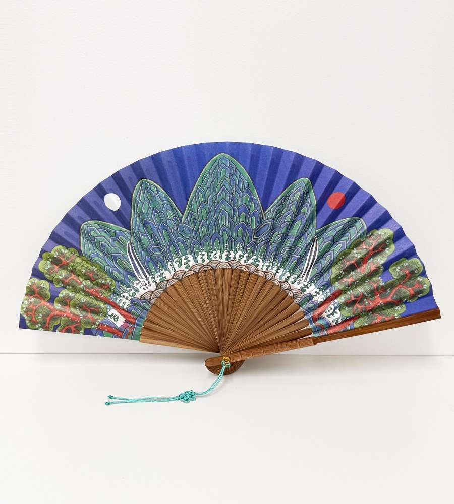 Traditional Korean Minhwa Folding Fan - Sun, Moon, and Five Peaks Design (Hanji Paper)