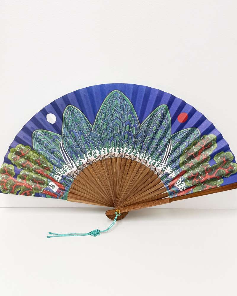 Traditional Korean Minhwa Folding Fan - Sun, Moon, and Five Peaks Design (Hanji Paper)