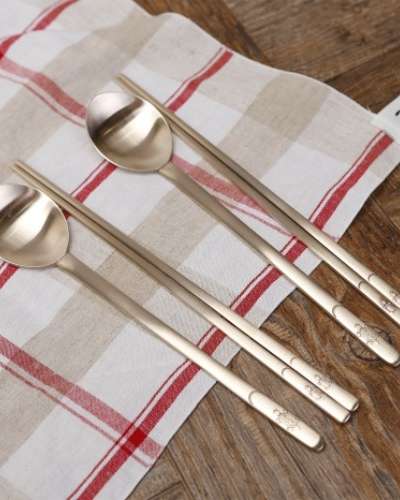 Brass Couple Spoon and Chopstick Set (For 2)
