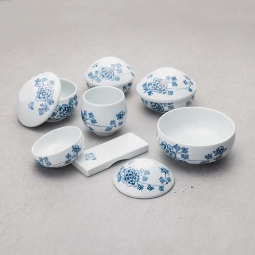 Peony Pattern Blue-and-White Porcelain Individual Dining Set