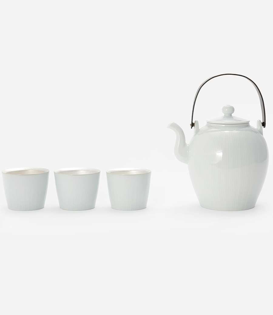 Copper Handle Striped Teapot and Silver Cup Set