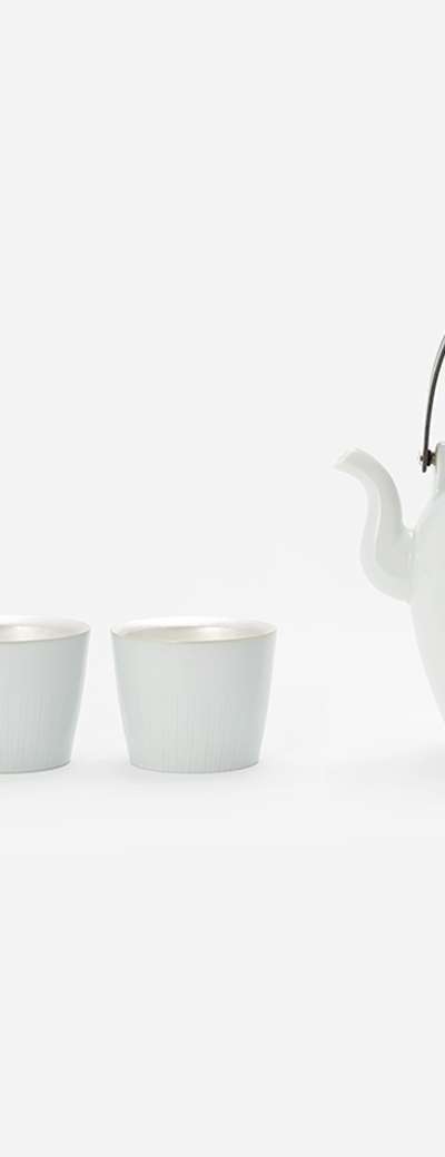 Copper Handle Striped Teapot and Silver Cup Set