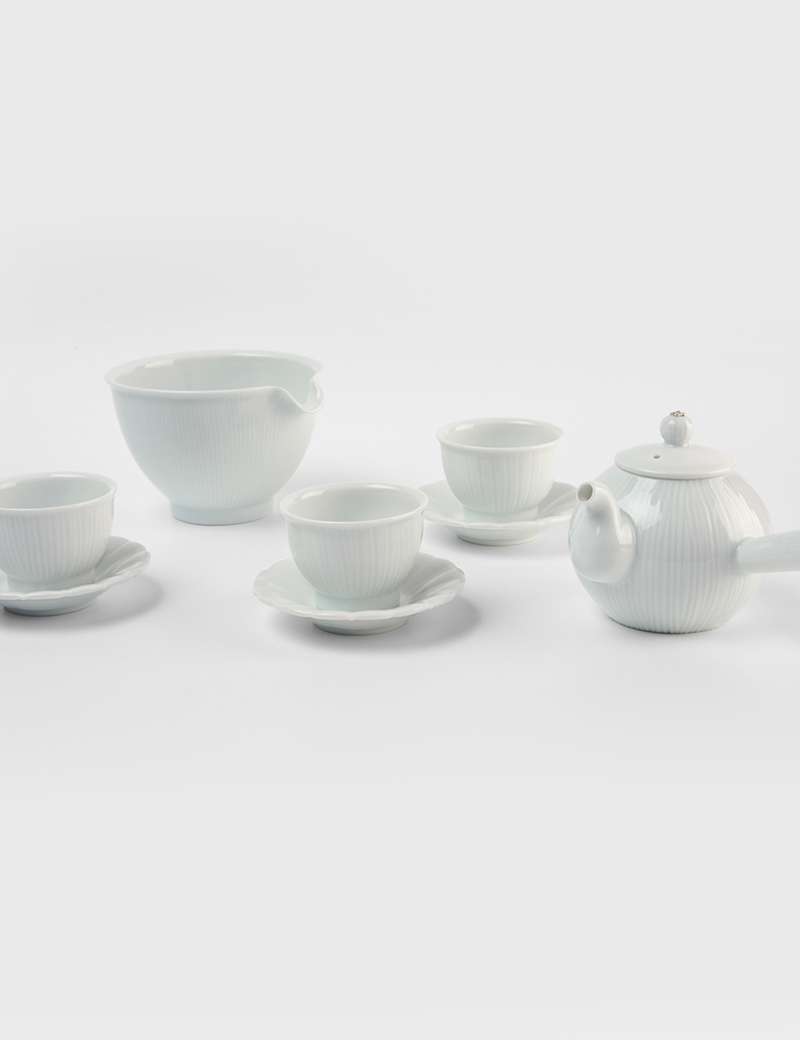 White Porcelain Striped Tea Set for Three (Side Handle)