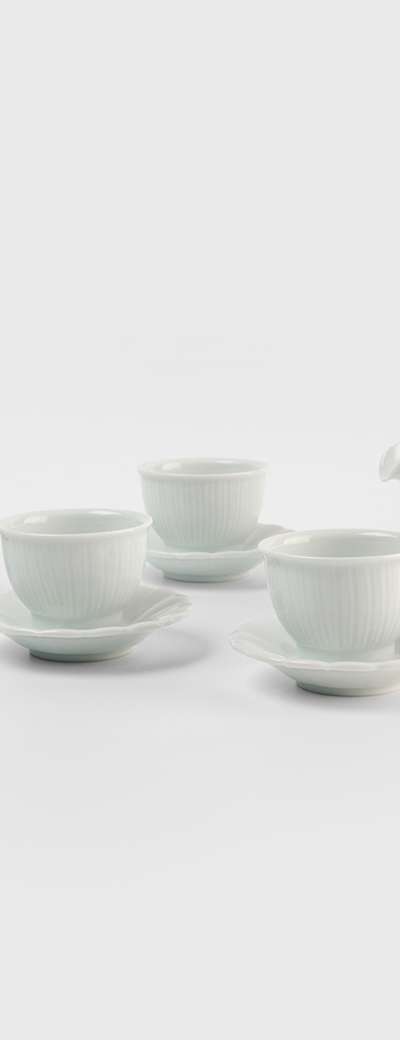 White Ceramic Striped 3-Person Tea Set (Back Handle)