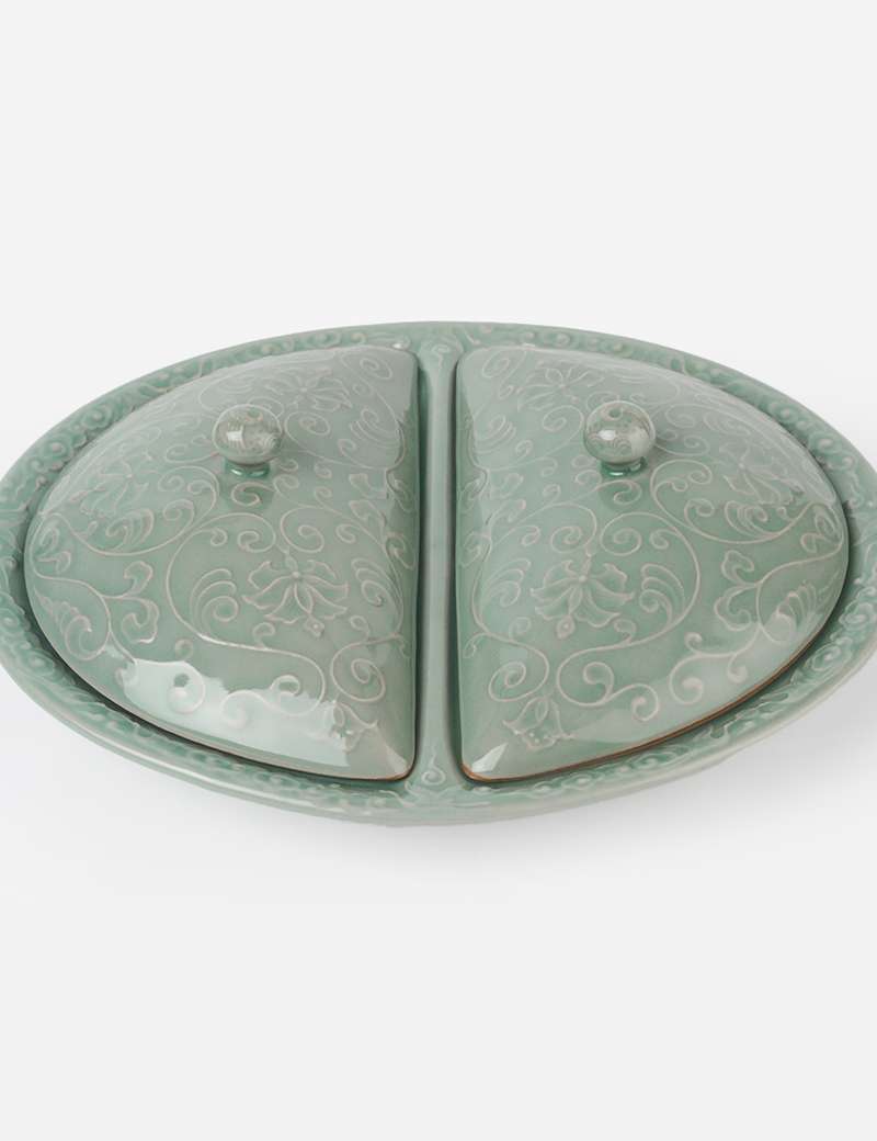 Celadon Raised Cloud and Crane Pattern Sharing Dish