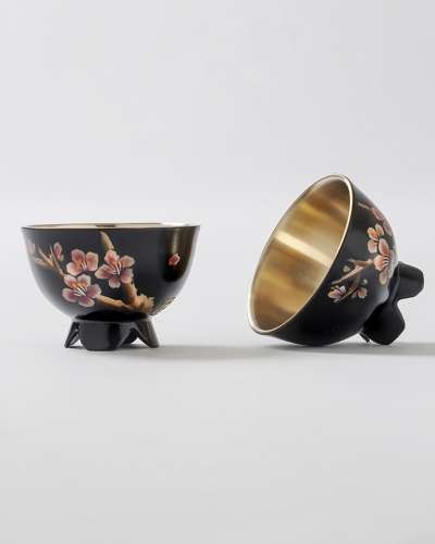 Lacquered Brass Cup Set (2pcs) - Plum Blossoms in Snow with Hand-Painted Design