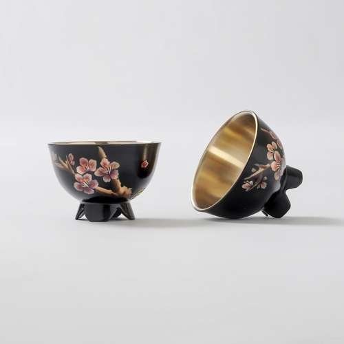 Lacquered Brass Cup Set (2pcs) - Plum Blossoms in Snow with Hand-Painted Design