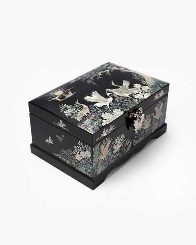 Full Moon and Crane Mother-of-Pearl Jewelry Box (Black)
