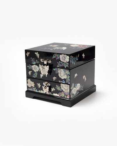 Flower and Bird Pattern Two-Drawer Jewelry Box (Black)