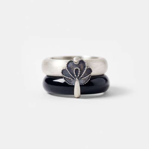 Flower Bud Silver and Black Jade Ring
