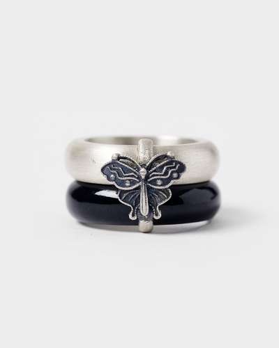Butterfly Silver Black Jade Ring