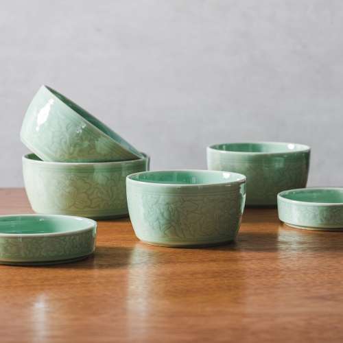 Gangjin Celadon Peony and Scrolling Vine Pattern Rice Bowl Set for 2