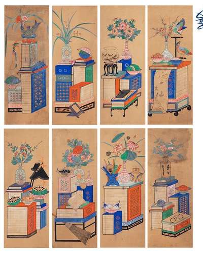 ウルアートの書架図8幅屏風民画デザイン 民画描画