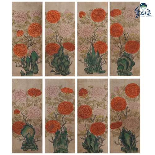 Strange Rocks and Peonies Eight-Panel Folding Screen 1 - Minhwa Design Painting Practice