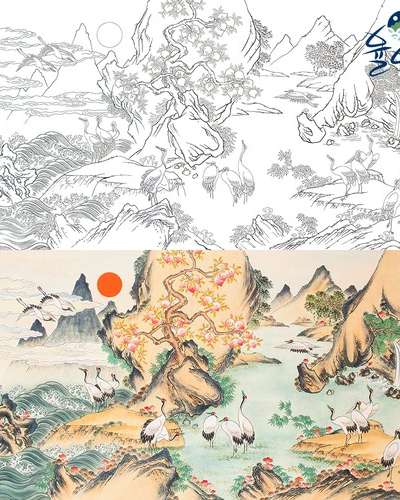 群鶴長生図1 民画図案 民画描き