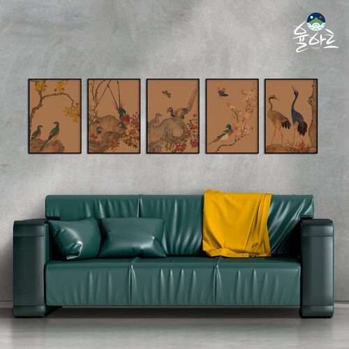 Birds and Flowers 5-Type Traditional Korean Folk Painting Frame Set - Wealth and Fortune Drawings