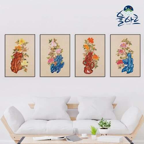 Korean Folk Painting Peony with Oddly-Shaped Rock Art - Money-Drawing Picture Living Room Frame, Oddly-Shaped Rock with Peony 4 Designs